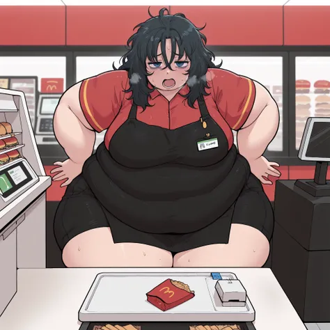 masterpiece, best quality, amazing quality, highres, absurdres, 1girl, Gye Baeksun, black messy hair, blue eyes, bags under eyes, cashier, employee uniform, fast food uniform, cash register, indoors fat, chubby, obese, gigantic arms and legs, large breasts...