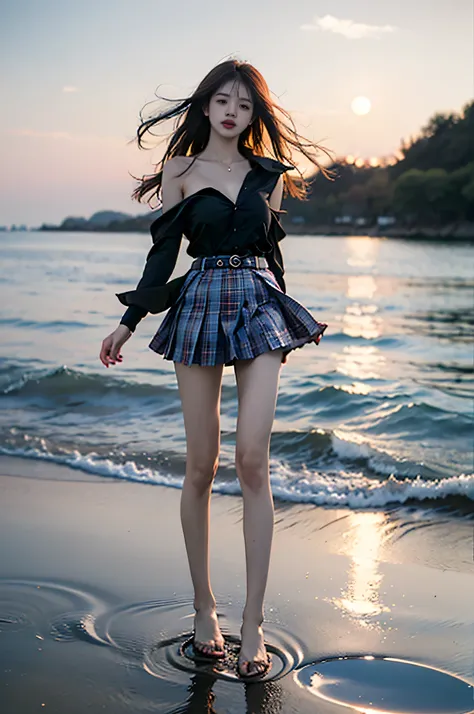 skirt,plaid necktie,belt,plaid skirt,black shirt,bowtie, ,,((full body, from below)), (masterpiece, best quality, ultra-detailed, 8k), realistic, a beautiful sexy long-legged model on a tropical beach, (I-type Valley), (Full breasts, visible cleavage, very...
