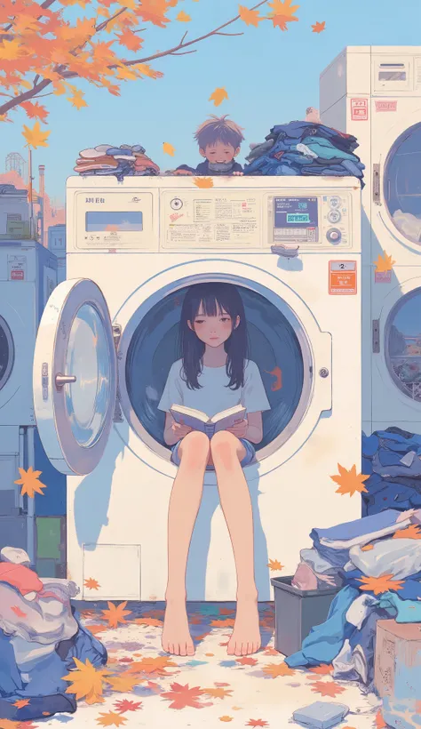 there is a cartoon of a woman sitting in a washing machine, washing machine, Laundry mat,  monster, Soft Animated Illustrations, There is a picture of a boy reading a book in a, Anime aesthetics, 🍂 cute, Anime aesthetics, , rage against the washing machine...