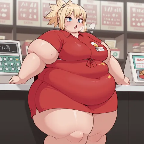 masterpiece, best quality, amazing quality, highres, absurdres, 1girl, Kohaku, blond hair, blue eyes,  cashier, employee uniform, fast food uniform, cash register, indoors fat, chubby, obese, gigantic arms and legs, large breasts open mouth, out of breath