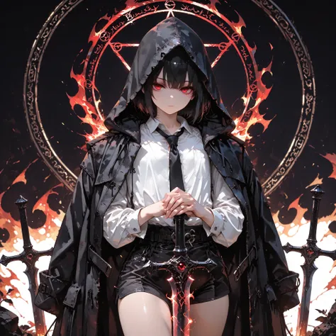((best quality)), ((masterpieces)), (detailed), perfect face, SOLO, ((((femboy)))), tomgirl, ANIME, beautiful detailed eyes, BOB hair, BOBed hair, BLACK hair, RED EYES, expressionless, hooded, Magical Eyes, dark background, ((BLACK HOODED coat draped over ...