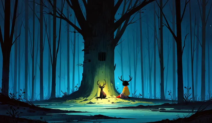 A fascinating scene unfolds in the mysterious night forest,The celestial glow illuminates only one remarkable, huge, and conspicuous tree,Surrounding it is blue々staring at a big deer with overgrown plants,small A girl drawn quickly sits quietly at the base...