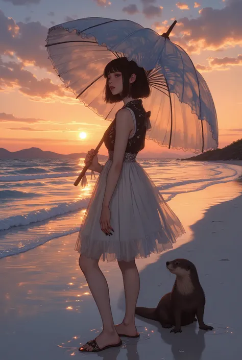 long nails、Extremely detailed depiction, with precise detail even in the facial expressions.
Theme: Girl holding a parasol.
Girl: Cute 16-year-old Japanese girl with ponytail.
Outfit: One-piece dress, large parasol.
Double exposure: Sunset, orange color, b...