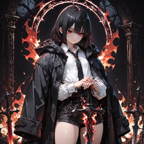 ((best quality)), ((masterpieces)), (detailed), perfect face, SOLO, ((((femboy)))), tomgirl, ANIME, beautiful detailed eyes, BOB hair, BOBed hair, BLACK hair, RED EYES, expressionless, hooded, Magical Eyes, dark background, ((BLACK HOODED coat draped over ...