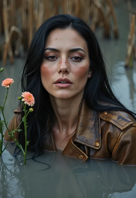 from afar full frame, Above, super detailed, composition with fatal symbolism, masterpiece, vintage ultra-sharp photo tuning, Surrealistic, expression of emotional crisis , black night light ,wet dripping exhausted trembling simple ugly [ botox botox fac...