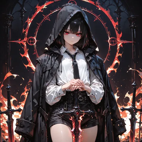 ((best quality)), ((masterpieces)), (detailed), perfect face, SOLO, ((((femboy)))), tomgirl, ANIME, beautiful detailed eyes, BOB hair, BOBed hair, BLACK hair, RED EYES, expressionless, hooded, Magical Eyes, dark background, ((BLACK HOODED coat draped over ...