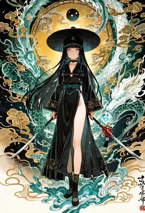 1girl, light lavender eyes, jitome, black Hair, blunt bangs, hime cut, small chest, big hat, black clothes, high waist, long Side slit skirt, Choker, bare legs, socks, black nails, flower pattern, masterpiece, best quality, Perfect details, perfect composi...