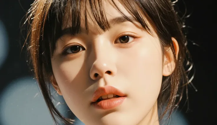 A delicate Korean idol with long curled lashes, heart lips, and a soft pink glow, hair styled in a half-up bun, front-lit close-up on stage, 8K