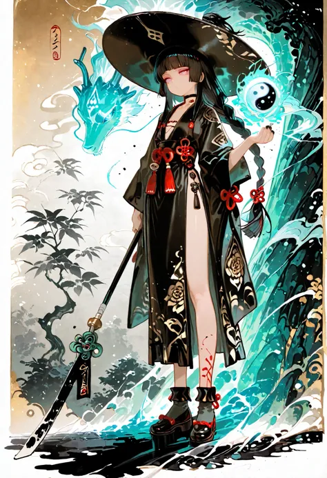 1girl, light lavender eyes, jitome, black Hair, blunt bangs, hime cut, small chest, big hat, black clothes, high waist, long Side slit skirt, Choker, bare legs, socks, black nails, flower pattern, masterpiece, best quality, Perfect details, perfect composi...