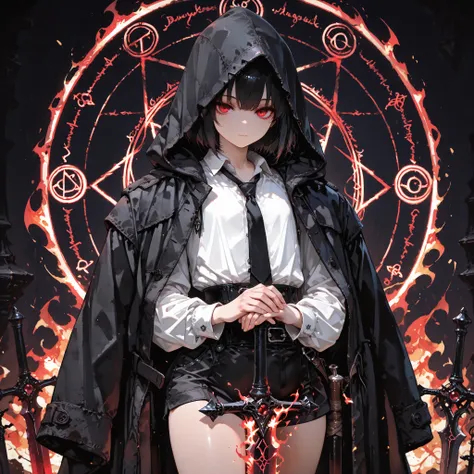 ((best quality)), ((masterpieces)), (detailed), perfect face, SOLO, ((((femboy)))), tomgirl, ANIME, beautiful detailed eyes, BOB hair, BOBed hair, BLACK hair, RED EYES, expressionless, hooded, Magical Eyes, dark background, ((BLACK HOODED coat draped over ...