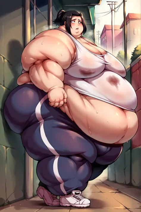 1girl, karinkurosaki, black eyes, black hair, ponytail, short hair, tank top, black sweatpants, shoes, giant hands, giant feet, fat, chubby, obese, gigantic arms and legs, gigantic breasts, sagging breasts, full body shot, fat, legs spread open, bottom hea...