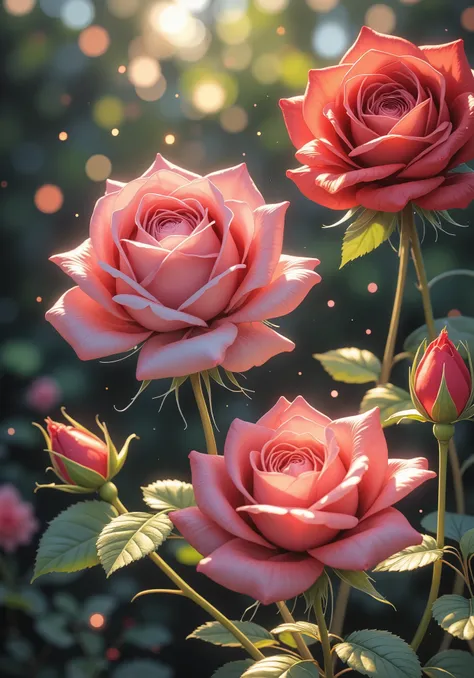 beautiful red roses,anime style,high resolution,Extremely Detailed,illustrations,Professional,Perfect Light and Shadow,delicate texture,Vivid Colors,Bokeh Backgrounds,Twilight Sky, light breeze ,Garden view ,Highly Detailed Oil Paintings,illustrations, 4K ...