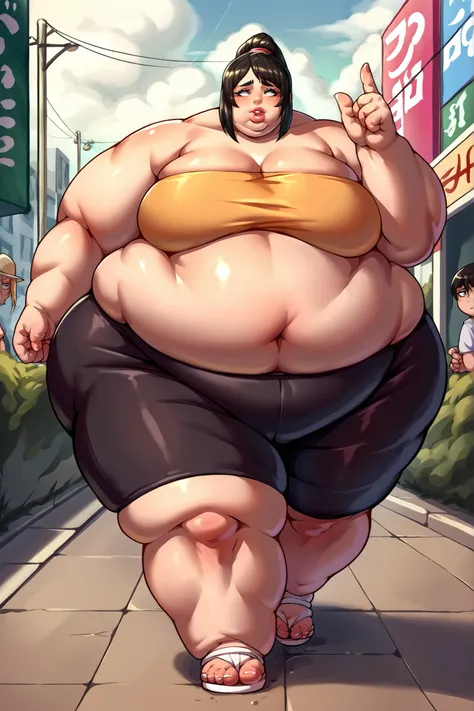 score_9, score_8_up, score_7_up, source_anime BREAK 1girl, solo, shihop5, black hair, ponytail, tube top, black bike shorts, sandals, giant hands, giant feet, fat, chubby, obese, gigantic arms and legs, gigantic breasts, sagging breasts, full body shot, fa...