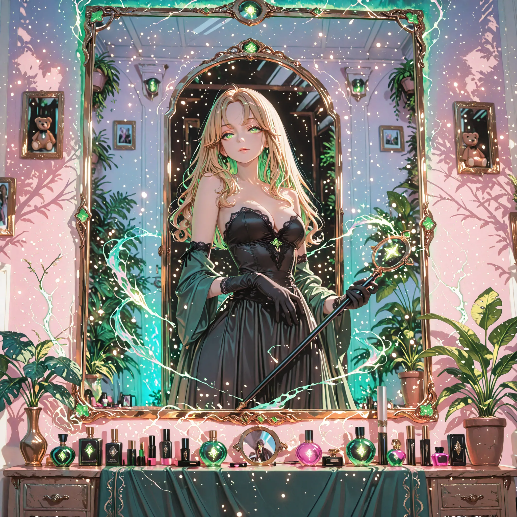 beautiful woman, reflected in a standing mirror placed at the center of the room, no figure in front of the mirror, magical mirror frame, upper body to thigh composition, confident wizard appearance, holding a staff with large emerald crystal, magical emer...