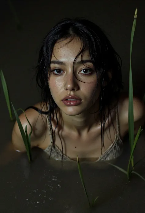 from afar full frame, Above, super detailed, composition with fatal symbolism, masterpiece, vintage ultra-sharp photo tuning, Surrealistic, expression of emotional crisis , black night light ,wet dripping exhausted trembling simple ugly [ botox botox fac...