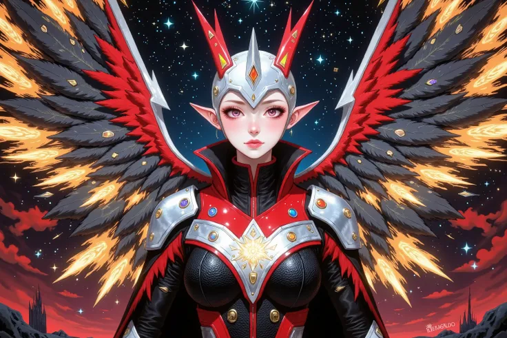 Under the castle is a suspended island，shows the sparkling wings of Ultraman。, she wears silver as a base、点缀璀璨金red纹路的战甲，on the surface of the female Ultraman，The texture is gorgeous and full of strength。war armor with huge wings of light stretching behind ...