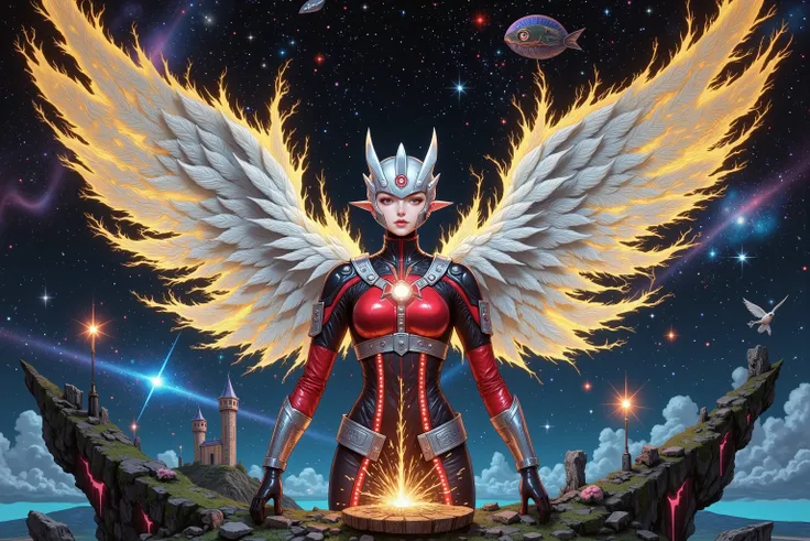 Under the castle is a suspended island，shows the sparkling wings of Ultraman。, she wears silver as a base、点缀璀璨金red纹路的战甲，on the surface of the female Ultraman，The texture is gorgeous and full of strength。war armor with huge wings of light stretching behind ...