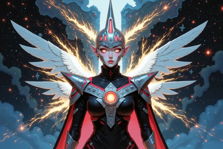 Under the castle is a suspended island，shows the sparkling wings of Ultraman。, she wears silver as a base、点缀璀璨金red纹路的战甲，on the surface of the female Ultraman，The texture is gorgeous and full of strength。war armor with huge wings of light stretching behind ...