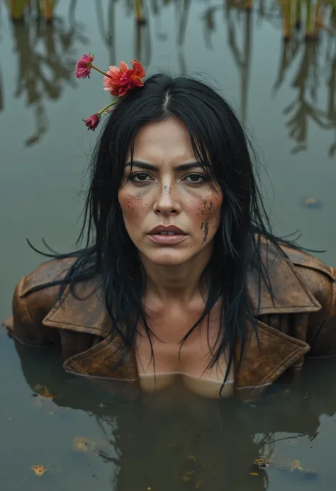 from afar full frame, Above, super detailed, composition with fatal symbolism, masterpiece, vintage ultra-sharp photo tuning, Surrealistic, expression of emotional crisis , black night light ,wet dripping exhausted trembling simple ugly [ botox botox fac...