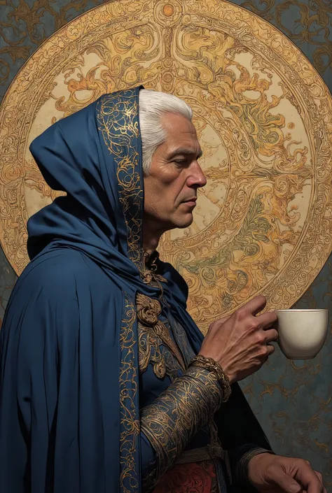By Phandigrams. A digital illustration shoot from a profile camera angle about a portrait of a old man with white hair wearing a hooded cloak, set against an ornate background featuring intricate patterns and vibrant colors. the man is colding a coffee cup...