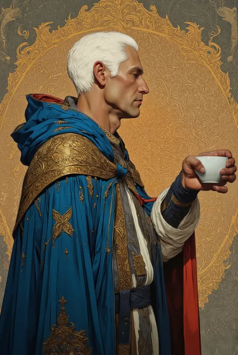 By Phandigrams. A digital illustration shoot from a profile camera angle about a portrait of a old man with white hair wearing a hooded cloak, set against an ornate background featuring intricate patterns and vibrant colors. the man is colding a coffee cup...