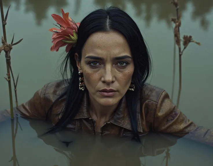 from afar full frame, Above, super detailed, composition with fatal symbolism, masterpiece, vintage ultra-sharp photo tuning, Surrealistic, expression of emotional crisis , black night light ,wet dripping exhausted trembling simple ugly [ botox botox fac...