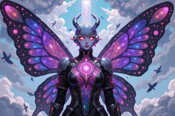 Under the castle is a suspended island，showing the crystal butterfly Ultraman's head。她身着粉Purple为主色调、with crystal embellished battle armor，The surface of the armor reflects a dreamy halo，seem to contain mystical energy。背后是巨大且梦幻的粉Purple蝶翼，Her wings are cryst...