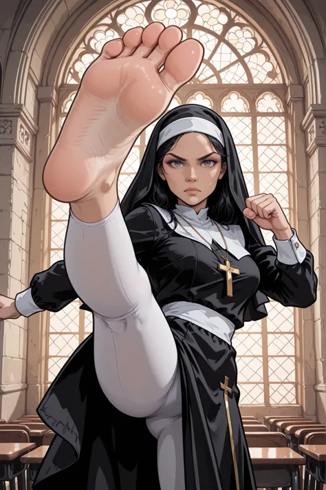 foot_focus, 1girl, solo, nun_costume, serious, white_leggings, barefoot, soles, toes, high_kick, looking_at_viewer