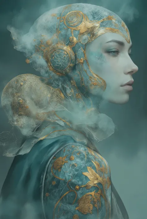 Ethereal minimalist alien cybergoth fashion pictorial photography, HEIC format, fog background in the style of teal and gold ,  uso di spatole , ritratto a vita, intricato, sharp _fuoco,  dungeons _arte ,  zentangle, high details, high definition .