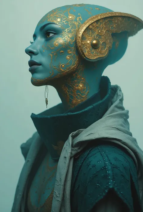 Ethereal minimalist alien cybergoth fashion pictorial photography, HEIC format, fog background in the style of teal and gold ,  uso di spatole , ritratto a vita, intricato, sharp _fuoco,  dungeons _arte ,  zentangle, high details, high definition .