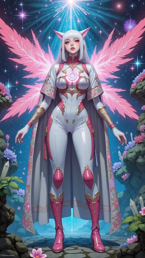 creates a romantic and sacred atmosphere，presents the bride of light, the female Ultraman。She wears white as the base color、镶嵌着Light gold与pink蓝光纹的花嫁战甲，, and the surface of the armor flows softly Light energy，texture is sacred and gorgeous。with bright and g...