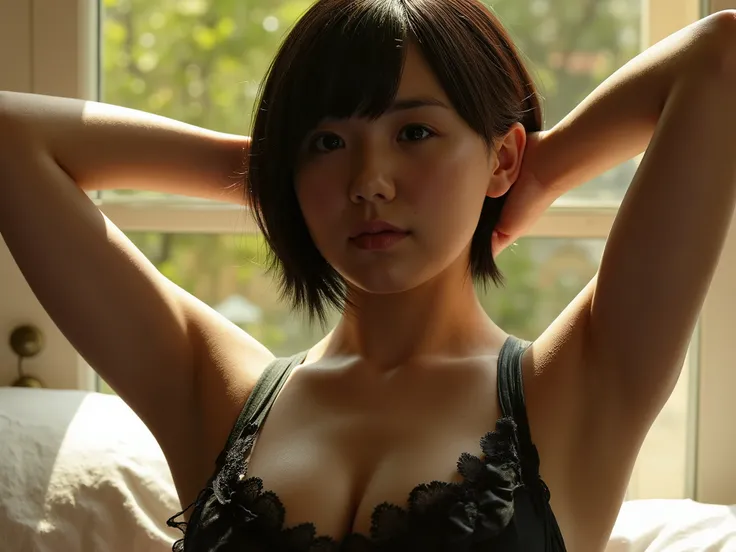 mana, small mouth, cum, hold breasts with both hands and press breasts together, beautiful lighting, very short hair, (forehead), arms behind head, goth 
fashion, on the bed, orgasm, sunlight