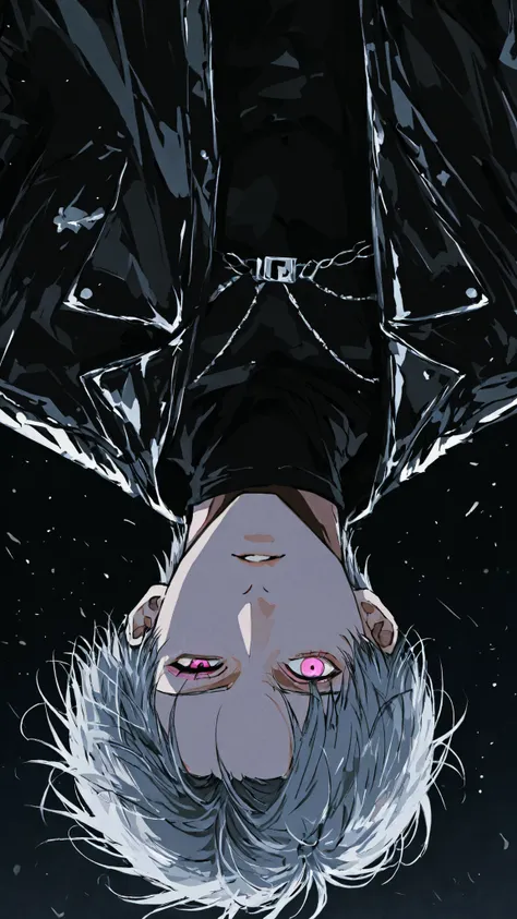 High Definition　One man　fall upside down against a black night sky　upper body　is cool　white street fashion　style is good there　gray hair　One eye looks like the moon　shocking pink eyes　the wind is blowing