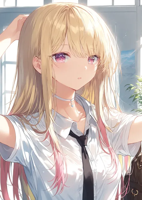 A young woman stands inside a room with large windows that provide soft, diffused lighting. Her long, straight hair is blonde with a slight gradient transitioning to pink at the ends, cascading down past her shoulders. She wears a white, short-sleeved butt...