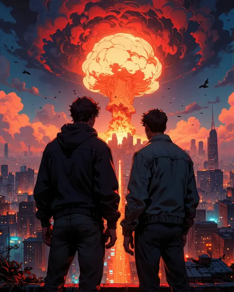 Two men standing side by side with their backs facing the camera, wearing casual modern clothes — one in a dark hoodie, the other in a worn denim jacket. They are positioned on a rooftop or elevated hilltop overlooking a vast cityscape at night. The city b...
