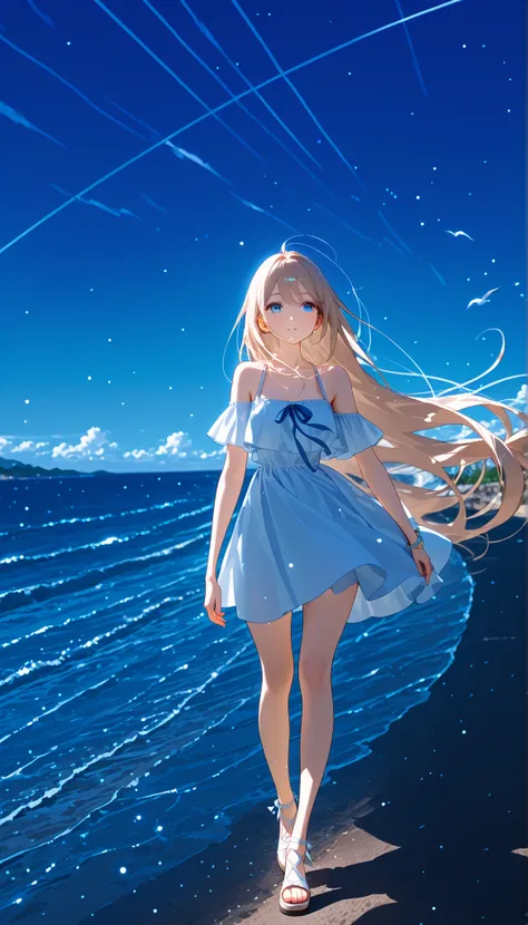 (Beautiful with long hair)、Blue Sky、Walking along the seaside path 、正面