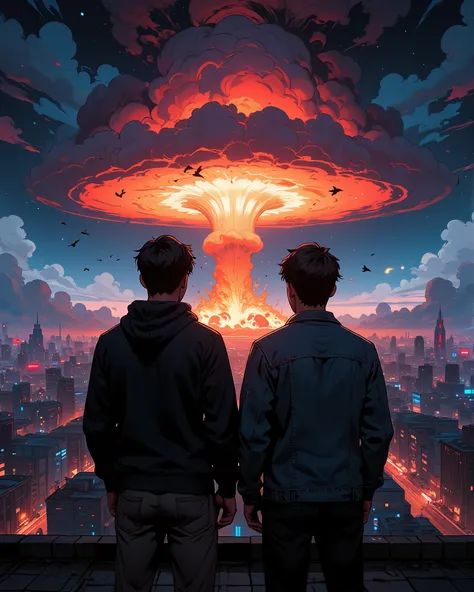 Two men standing side by side with their backs facing the camera, wearing casual modern clothes — one in a dark hoodie, the other in a worn denim jacket. They are positioned on a rooftop or elevated hilltop overlooking a vast cityscape at night. The city b...