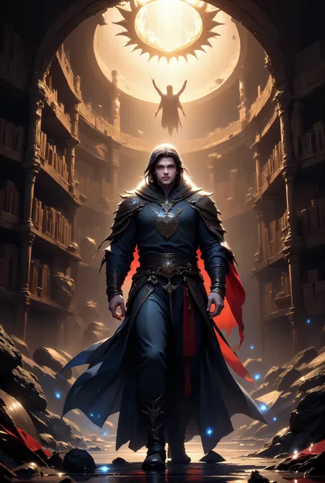 epic concept art, masterpiece, 8k, best quality, a young (((wizard))) with a powerful athletic build; his broad, rounded shoulders are visible beneath his loose, flowing robes. He stands in the center of a crumbling, moss-covered grand library, his eyes an...