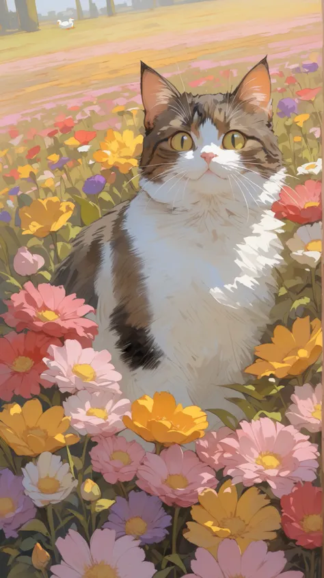 The duck in the center is in a bright field of flowers. Ducks are in a relaxed posture, and, Impasto Technic , it is viewed from a slightly higher point. like a field of flowers surrounding ducks々it is dense with colorful flowers; Pink, oranges, Yellow, ...