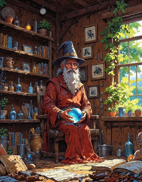 Detailed, warm and dynamic cartoon image in bright, clean shades. An elderly retired wizard, despite his age, is happy to share his knowledge with young students. The scene takes place in his cozy house filled with magical artifacts, books and cute magical...