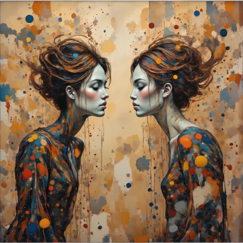 Generate a square representation with a man and a woman figure, Oil Painting, inpainting, Double Exposure, acrylic painting, Full length, sexy girl and boy, sleeveless, bright line of a woman and a man standing looking at the sky, , combined with backgroun...