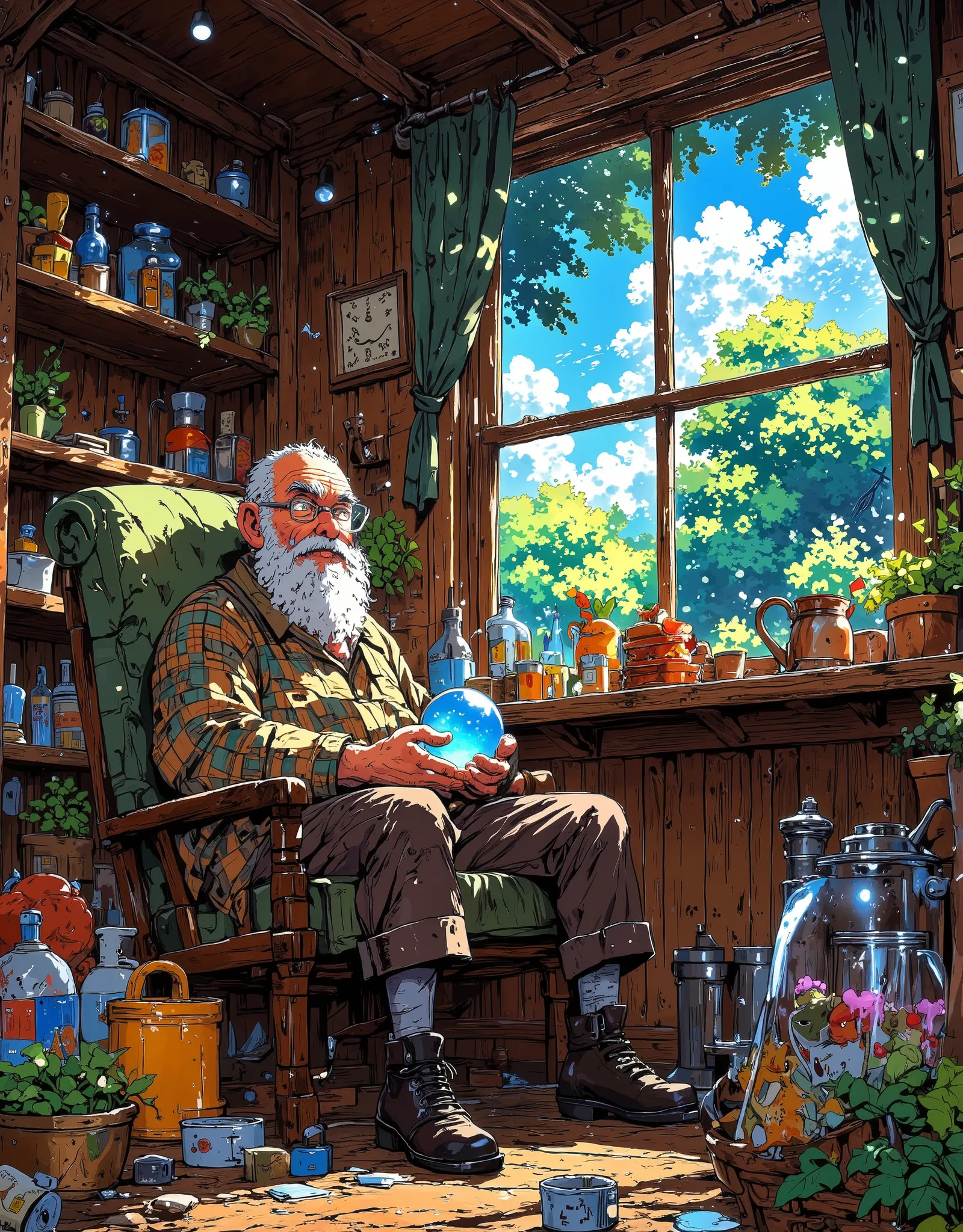 Detailed, warm and dynamic cartoon image in bright, clean shades. An elderly retired wizard, despite his age, is happy to share his knowledge with young students. The scene takes place in his cozy house filled with magical artifacts, books and cute magical...