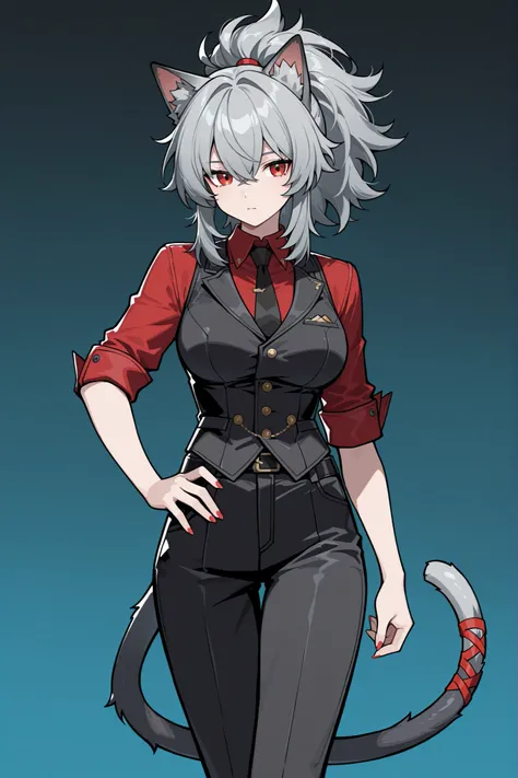 woman. cat ears, cat tail  messy gray long ponytail hair with some white and red, red eyes, black waistcoat, red undershirt with rolled up sleeves, black tie, digital anime style, zenless zone zero style
