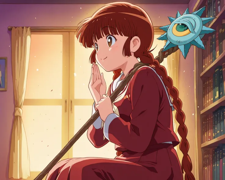 1adult woman, solo, side view, anime style, dramatic pose, sitting alone in her room at dusk, holding an old magic staff gently in her hands, looking at it with a nostalgic and wistful smile, soft lighting, slight glow from the staff, dust particles floating, bookshelf in background, emotional atmosphere, kukurijin from Magical Circle Guru Guru, medium breasts, brown hair, 18 years old, twin braids, school uniform, staff, relieved smile, motion_blur, motion_lines, masterpiece, best quality, highly detailed, extremely detailed, absurdres, 4k, 8k, super resolution, intricate details, perfect anatomy	

