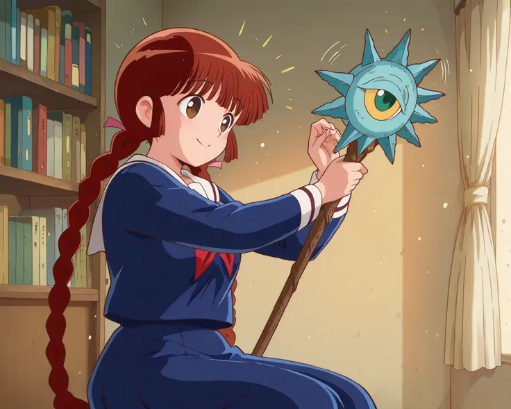 1adult woman, solo, side view, anime style, dramatic pose, sitting alone in her room at dusk, holding an old magic staff gently in her hands, looking at it with a nostalgic and wistful smile, soft lighting, slight glow from the staff, dust particles floating, bookshelf in background, emotional atmosphere, kukurijin from Magical Circle Guru Guru, medium breasts, brown hair, 18 years old, twin braids, school uniform, staff, relieved smile, motion_blur, motion_lines, masterpiece, best quality, highly detailed, extremely detailed, absurdres, 4k, 8k, super resolution, intricate details, perfect anatomy	
