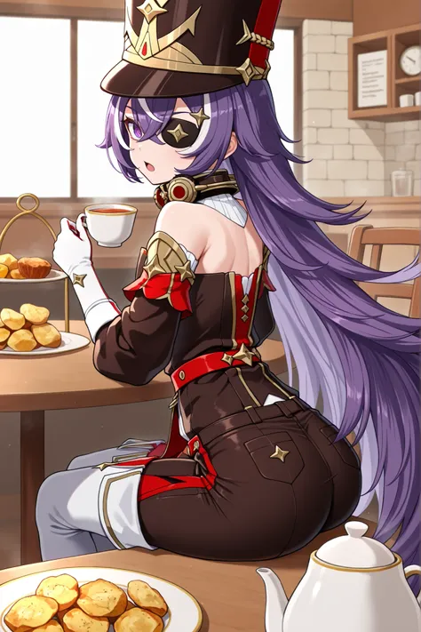 masterpiece, top quality, solo, Curvy,, zzChevreuse, PURPLE EYES, hair between the eyes, Long Hair, multicolored hair, purple hair, striped hair, white hair, has, earmuffs, eye patch, bare shoulders, Gold trim, 黒 butt under pants, butt under pants, Puff Sl...