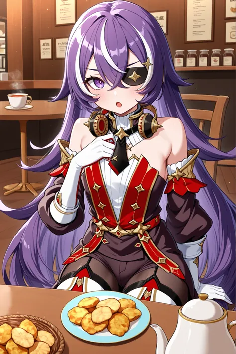 masterpiece, top quality, solo, Curvy,, zzChevreuse, PURPLE EYES, hair between the eyes, Long Hair, multicolored hair, purple hair, striped hair, white hair, has, earmuffs, eye patch, bare shoulders, Gold trim, 黒 butt under pants, butt under pants, Puff Sl...