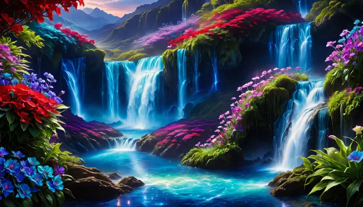 Shiny purple |Pink|turquoise green |Cobalt Blue|blue waterfall amongst strange magic flowers, At night, glowing fairy lights , magic, High quality fairyland waterfall, Realistic Water, ripple, 8k,(and a mysterious and majestic waterfall that can be seen b...