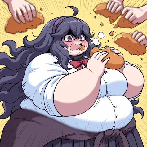 solo,
Hex maniac, purple hair, purple eyes, messy hair, long hair,
large breasts,white shirt,red bow,sleeves rolled up,sweater around waist,pleated_skirt,BREAK, tones of food,
rush with food,food rush,multiple hands with food, multiple food,,hands with foo...