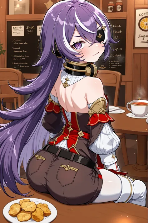 masterpiece, top quality, solo, Curvy,, zzChevreuse, PURPLE EYES, hair between the eyes, Long Hair, multicolored hair, purple hair, striped hair, white hair, has, earmuffs, eye patch, bare shoulders, Gold trim, 黒 butt under pants, butt under pants, Puff Sl...
